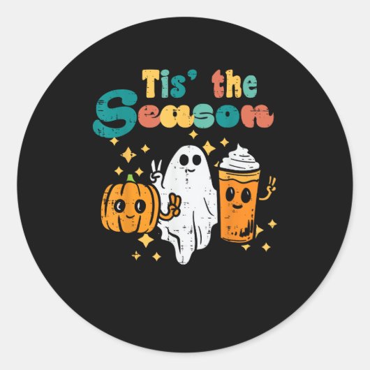 Sticker Rond Tis The Season Pumpkin Latte Retro Halloween Fall (Devant)