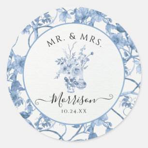 Sticker Rond Toile Bleu et Blanc M. et Mme Floral Mariage