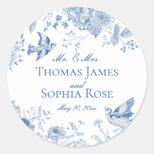 Sticker Rond Toile Bleue De Jouy Vintage Mariage Floral
