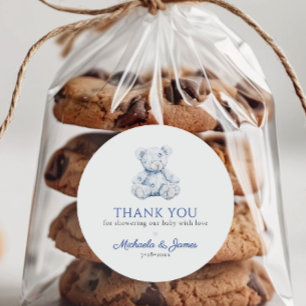 Sticker Rond Toile Bleue Teddy Ours Garçon Baby shower Favorise