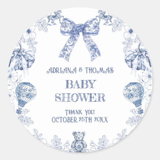 Sticker Rond Toile de jouy baby shower merci (Devant)