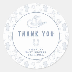 Sticker Rond Toile de Jouy Bleu Cowboy Occidental Baby Shower