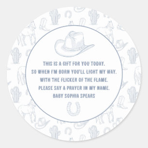 Sticker Rond Toile de Jouy bleu cowboy occidental bébé prière