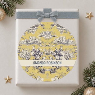 Sticker Rond Toile de Jouy florale vintage jaune de lac monogra