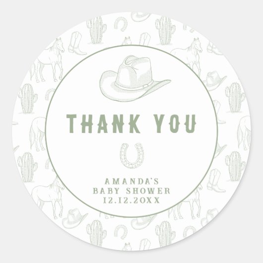 Sticker Rond Toile de Jouy Green Cowboy Baby shower occidental (Devant)