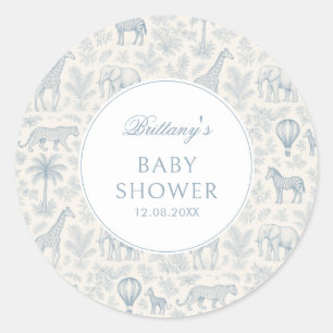 Sticker Rond Toile De Jouy Safari Animaux Blue Boy Baby shower
