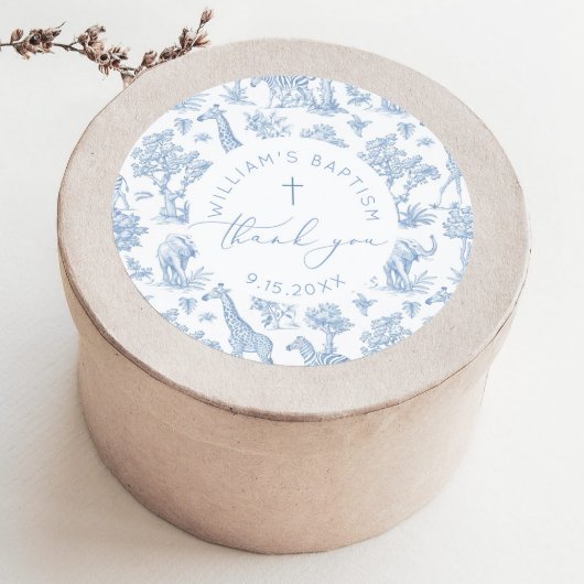 Sticker Rond Toile de Jouy Safari Boy Baptism Thank you