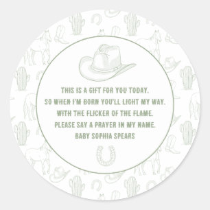 Sticker Rond Toile de Jouy Vert Cowboy Occidental Bébé Prière