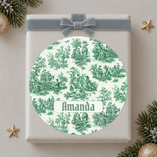 Sticker Rond Toile de Jouy verte florale vintage monogramme