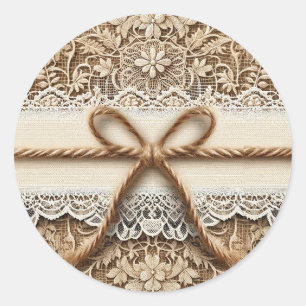 Sticker Rond Toile de jute et fleurs dentelle vintage corde rus
