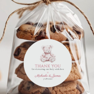 Sticker Rond Toile rose Teddy Ours Fille Baby shower Favoriser