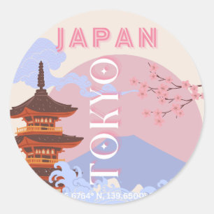 Sticker Rond Tokyo Japan Travel Art, Retro Travel Art, Rose