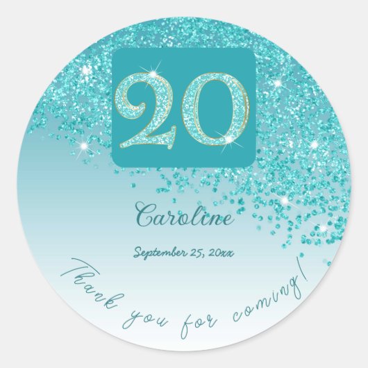 Sticker Rond Tomber Parties scintillant bleue Turquoise, 20e an (Devant)