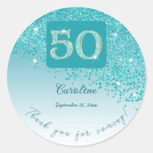 Sticker Rond Tomber Parties scintillant bleue Turquoise, 50e an