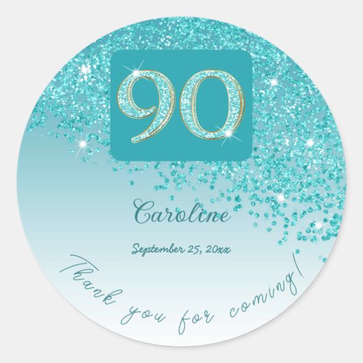 Sticker Rond Tomber Parties scintillant bleue Turquoise, 90e an (Devant)