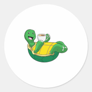 Sticker Rond Tortue avec tasse de café