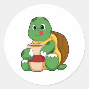 Sticker Rond Tortue avec tasse de café