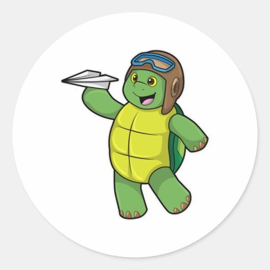 Sticker Rond Tortue comme pilote avec avion en papier (Devant)