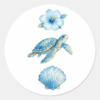 Sticker Rond Tortue de mer à l'aquarelle bleue et éléments côti