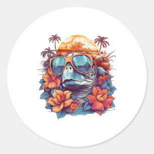 Sticker Rond Tortue de mer avec des lunettes de soleil à la pla