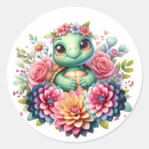 Sticker Rond Tortue de mer florale adorable
