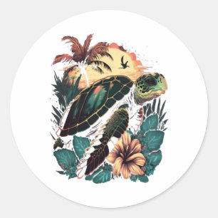 Sticker Rond Tortue de mer hawaïenne Hibiscus Fleur