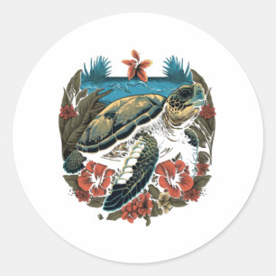 Sticker Rond Tortue de mer hawaïenne Hibiscus Fleur