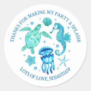 Sticker Rond Tortue de mer, méduse et hippocampe