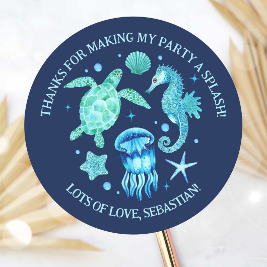 Sticker Rond Tortue de mer, méduse et hippocampe marine