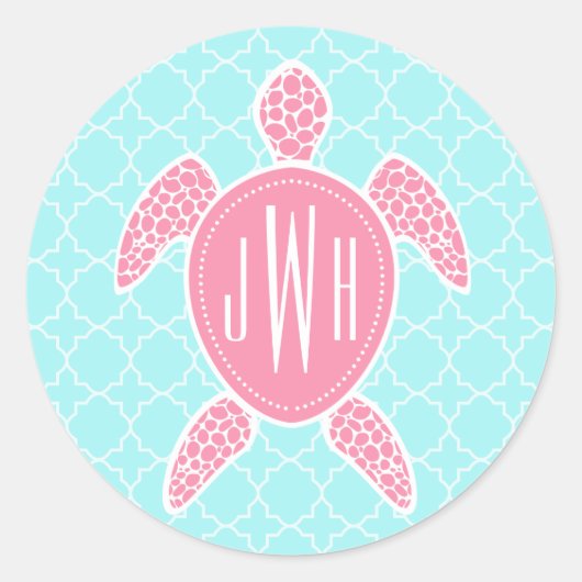 Sticker Rond Tortue de mer rose monogramme + Quatrefoil bleu (Devant)
