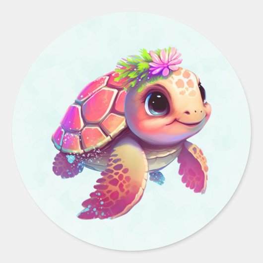 Sticker Rond Tortue de mer rose Whimsical & mignon (Devant)