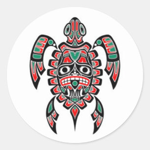 Sticker Rond Tortue de mer rouge et verte d'esprit de Haida