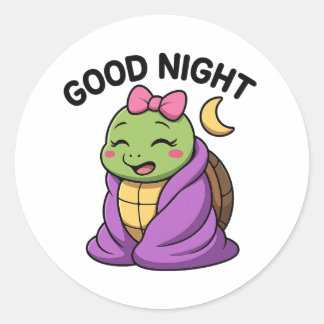Sticker Rond Tortue fatiguée disant Bonne Nuit