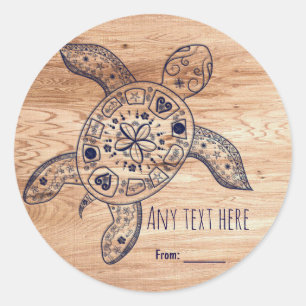 Sticker Rond Tortue hawaïenne et mariage léger en bois Favorise