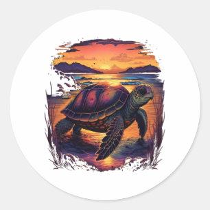 Sticker Rond Tortue Mer Océan Plage tropicale Plage Sunset