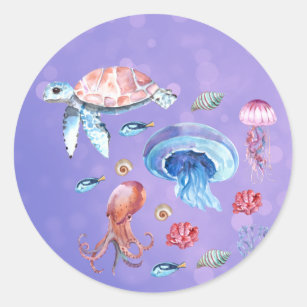 Sticker Rond Tortue Octopus Jellyfish Baignade