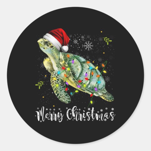 Sticker Rond Tortue Santa Hat Joyeux Noël Lumières Noël Fêtes (Devant)
