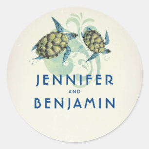 Sticker Rond Tortues de mer Mariage balnéaire tropical