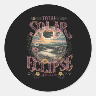 Sticker Rond Total Éclipse Solaire 8 avril 2024 Fleurs Vintages
