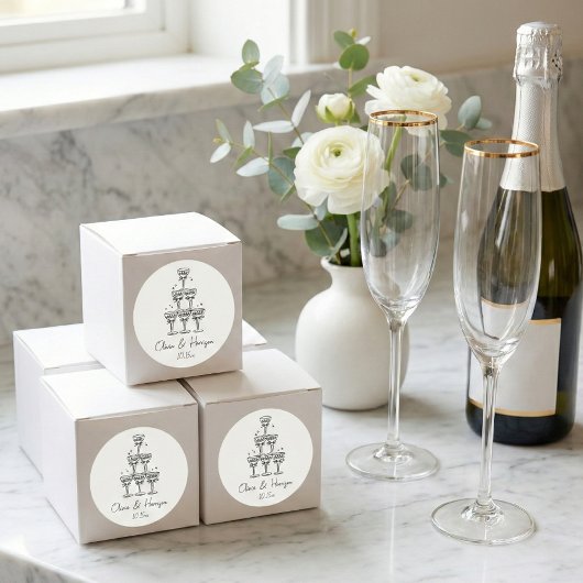 Sticker Rond Tour de champagne Doodle Nom personnalisé Mariage