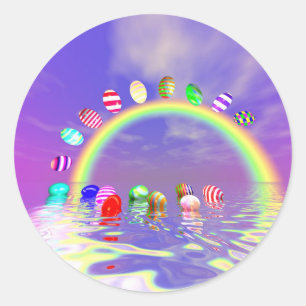 Sticker Rond Tour d'oeufs de pâques sur un arc-en-ciel