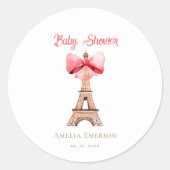 Sticker Rond Tour Eiffel avec Baby shower Paris Bow rose (Devant)