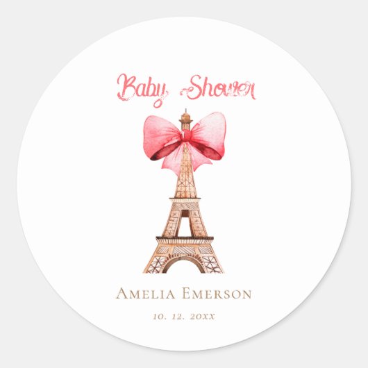 Sticker Rond Tour Eiffel avec Baby shower Paris Bow rose (Devant)
