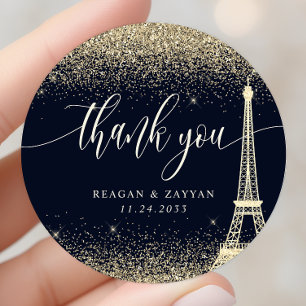 Sticker Rond Tour Eiffel de Paris Mariage Merci Paillettes Doré