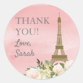 Sticker Rond Tour Eiffel en or rose Merci d'anniversaire (Devant)