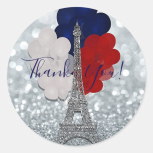 Sticker Rond Tour Eiffel Pailleté Argent Rouge Blanc Bleu Fête