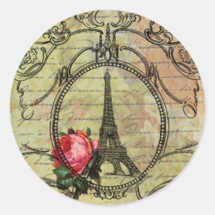 Sticker Rond Tour Eiffel Paris et Rose Rouge Steampunk