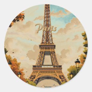 Sticker Rond Tour Eiffel Paris Voyage Style Rétro Art Vintage
