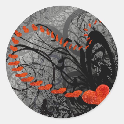Sticker Rond Tourbillons de cœur noir et rouge (Devant)