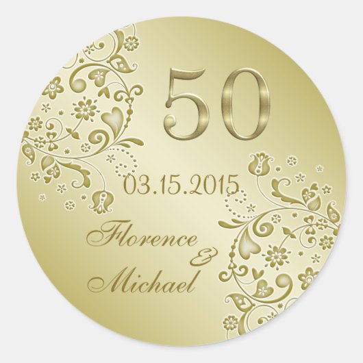 Sticker Rond Tourbillons floraux dorés 50e anniversaire de Mari (Devant)